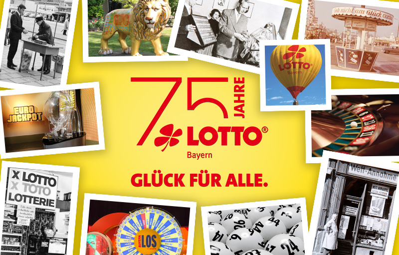 Bildcollage mit dem Schriftzug 75 Jahre Lotto Bayern - Glück für alle. Umrahmt von Bildern.